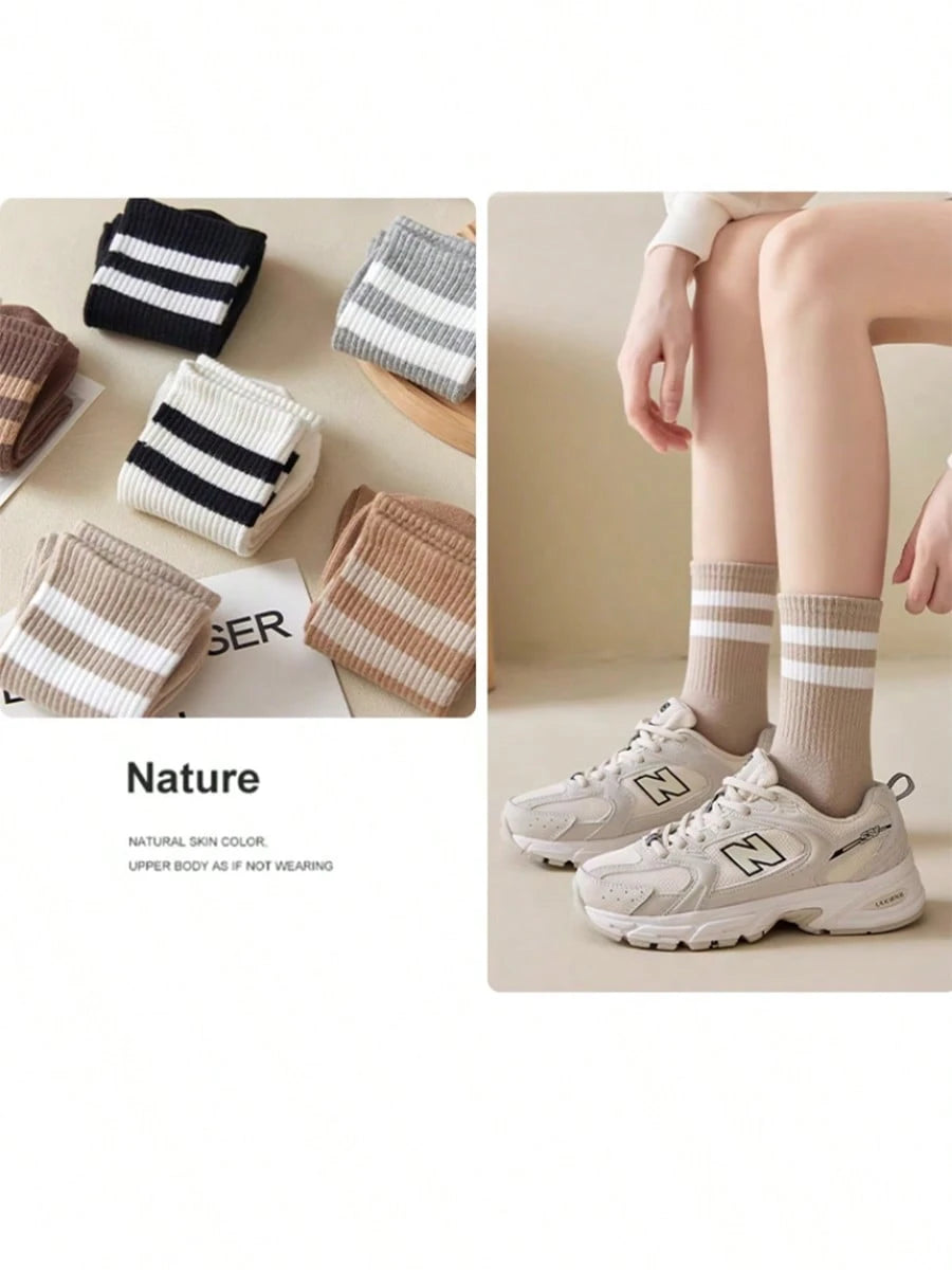 6 Pairs Women's Striped Breathable Casual Business Sports Running Cycling Versatile Fashionable Student Mid-Calf Socks