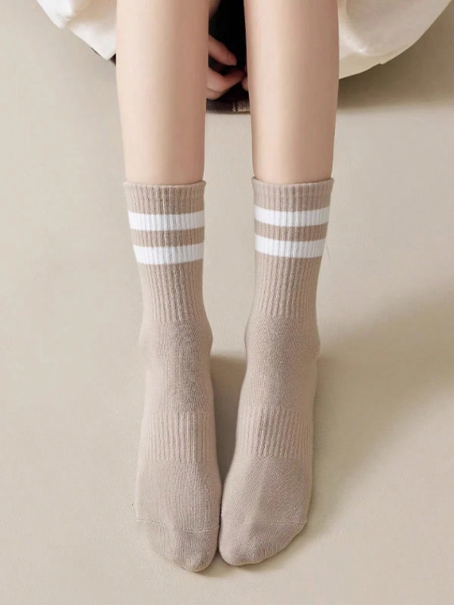 6 Pairs Women's Striped Breathable Casual Business Sports Running Cycling Versatile Fashionable Student Mid-Calf Socks