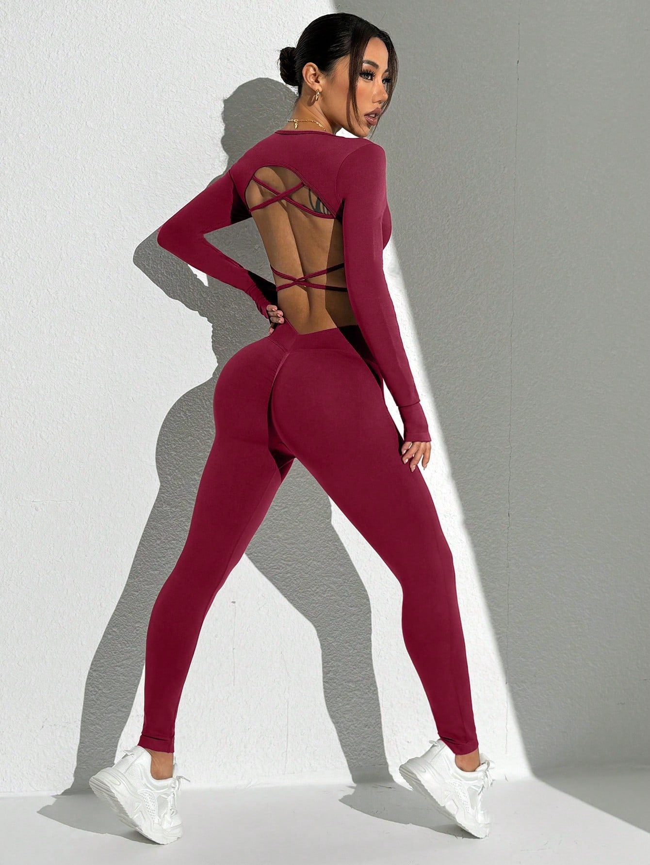 Seamless Solid Color Backless Long Sleeve And Pants Sports Set Workout Women Sets