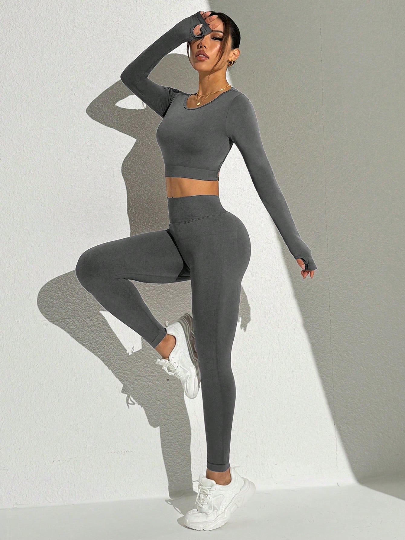 Seamless Solid Color Backless Long Sleeve And Pants Sports Set Workout Women Sets