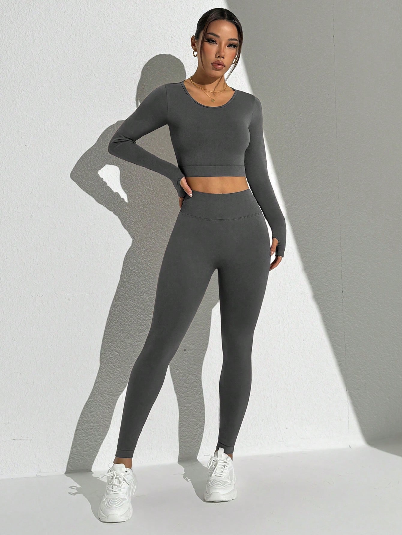 Seamless Solid Color Backless Long Sleeve And Pants Sports Set Workout Women Sets