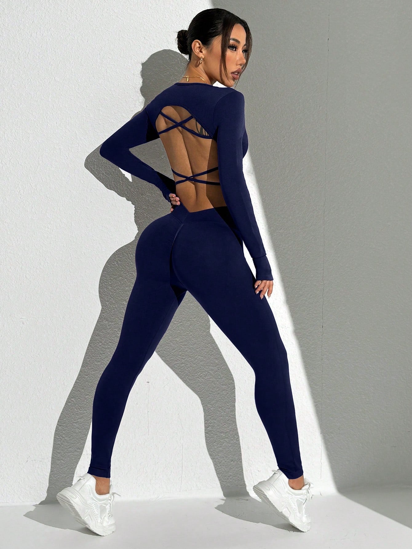 Seamless Solid Color Backless Long Sleeve And Pants Sports Set Workout Women Sets