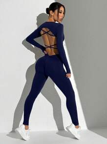 Seamless Solid Color Backless Long Sleeve And Pants Sports Set Workout Women Sets