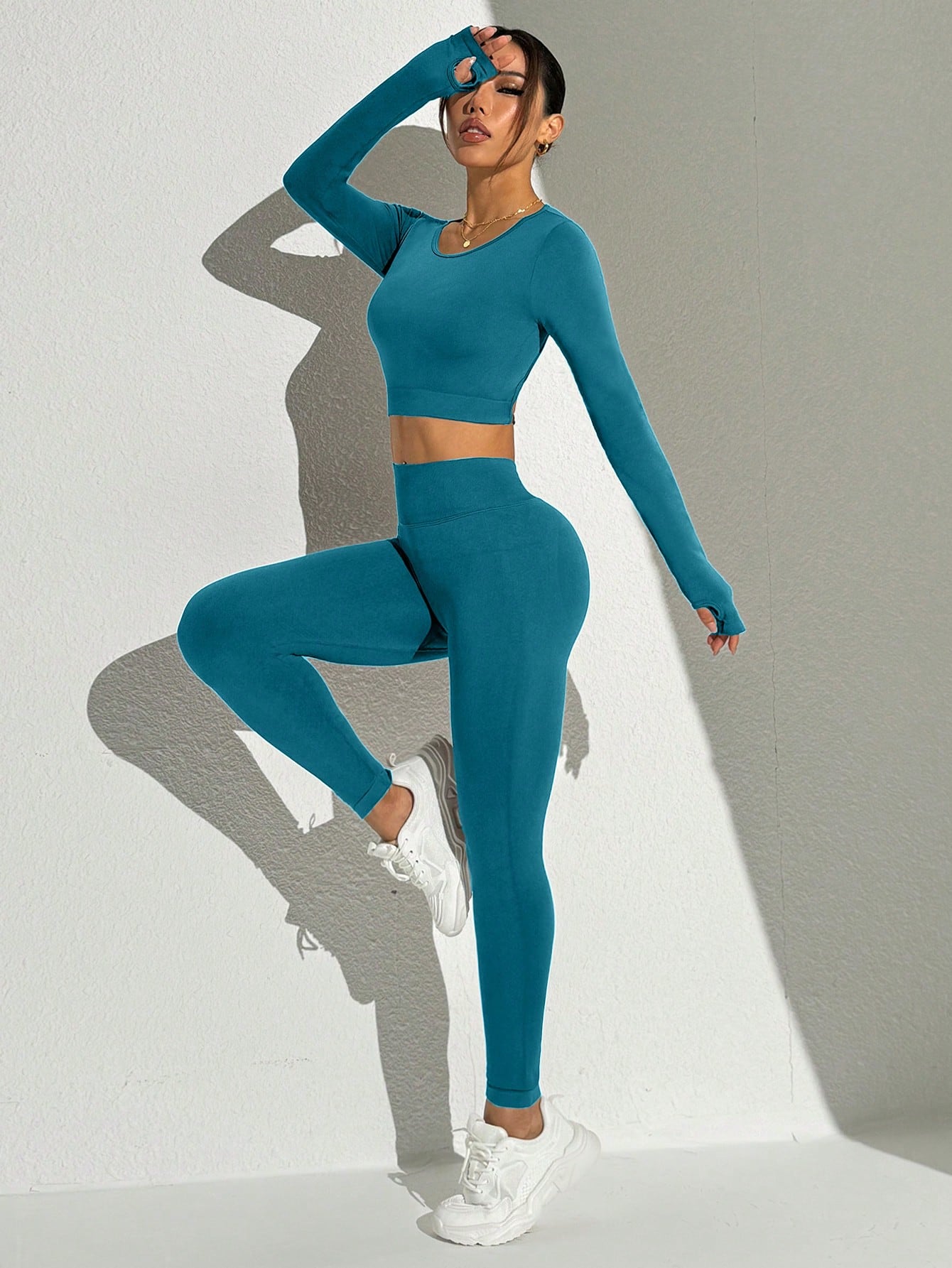 Seamless Solid Color Backless Long Sleeve And Pants Sports Set Workout Women Sets