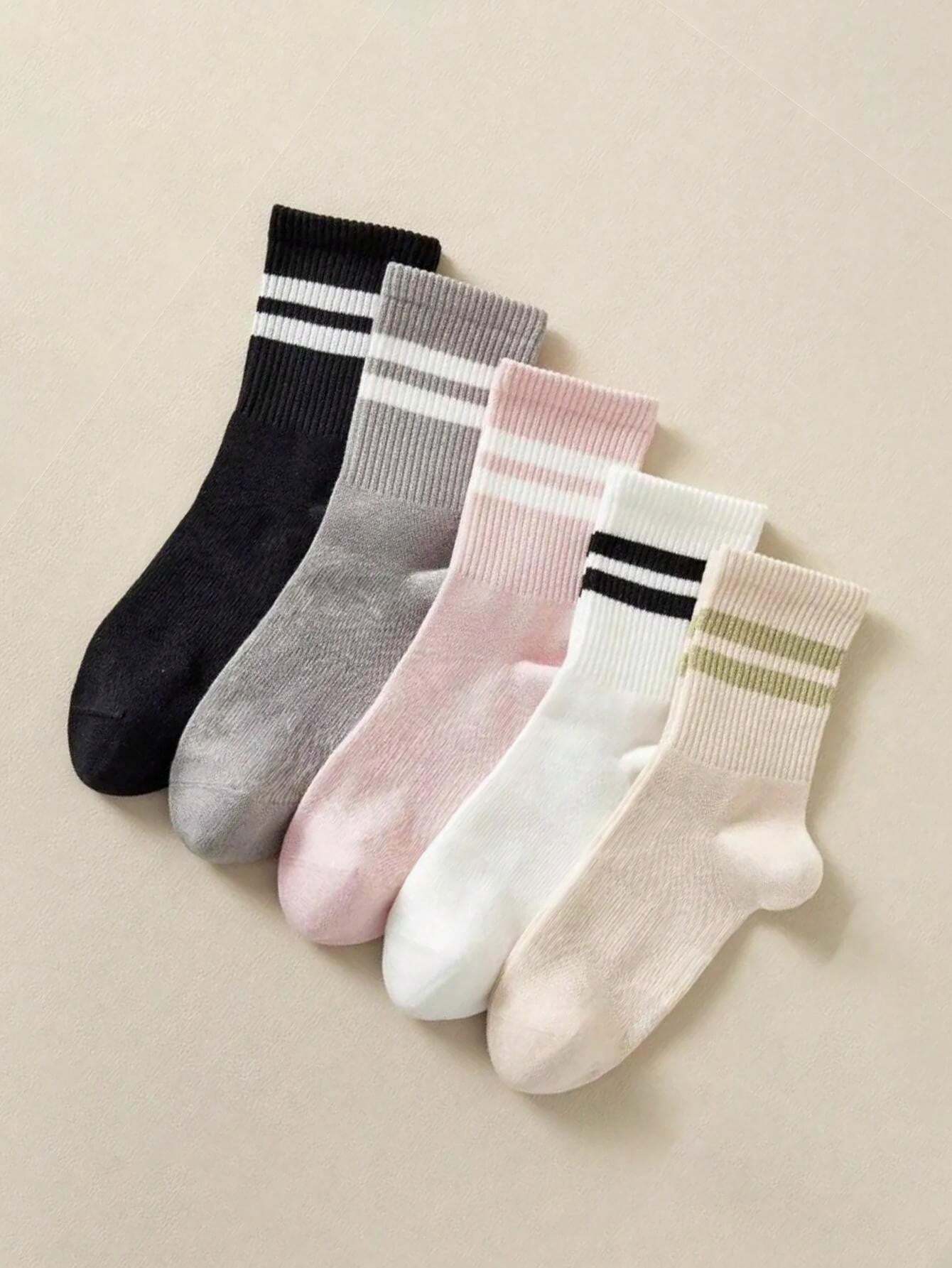 5 Pairs Women's Solid Color, Stripe, Line, Heart Print Fashion Socks, Soft Comfortable Breathable Casual Mid-Calf Socks For Everyday Wear