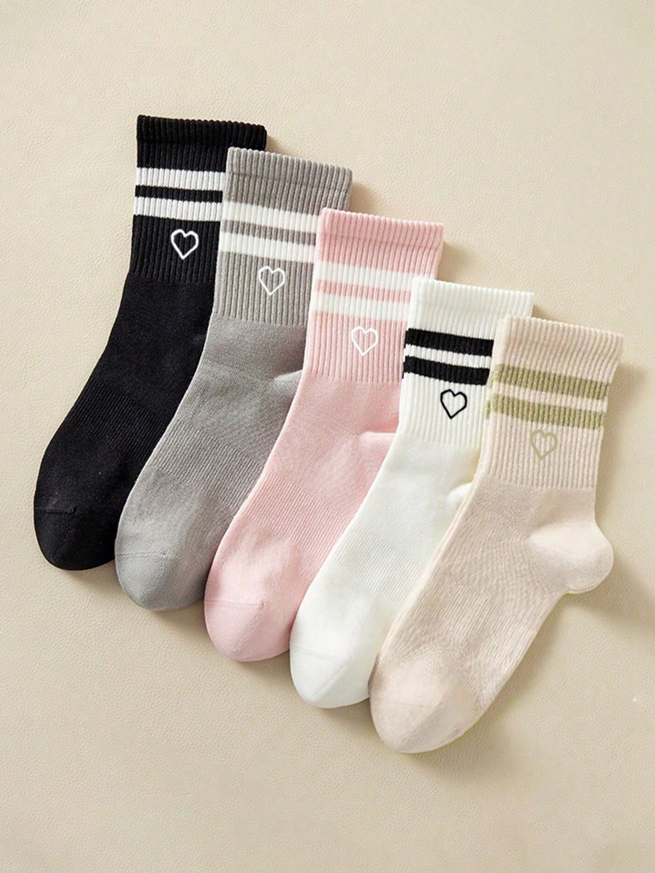 5 Pairs Women's Solid Color, Stripe, Line, Heart Print Fashion Socks, Soft Comfortable Breathable Casual Mid-Calf Socks For Everyday Wear