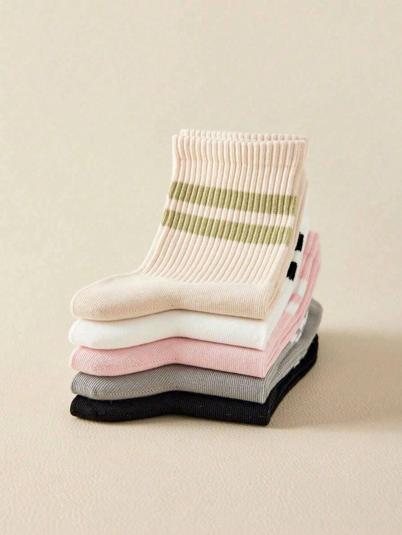 5 Pairs Women's Solid Color, Stripe, Line, Heart Print Fashion Socks, Soft Comfortable Breathable Casual Mid-Calf Socks For Everyday Wear