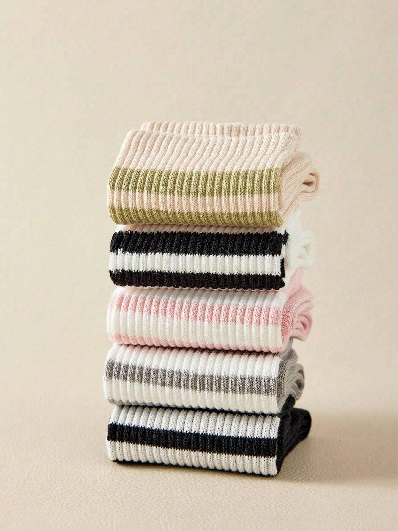 5 Pairs Women's Solid Color, Stripe, Line, Heart Print Fashion Socks, Soft Comfortable Breathable Casual Mid-Calf Socks For Everyday Wear