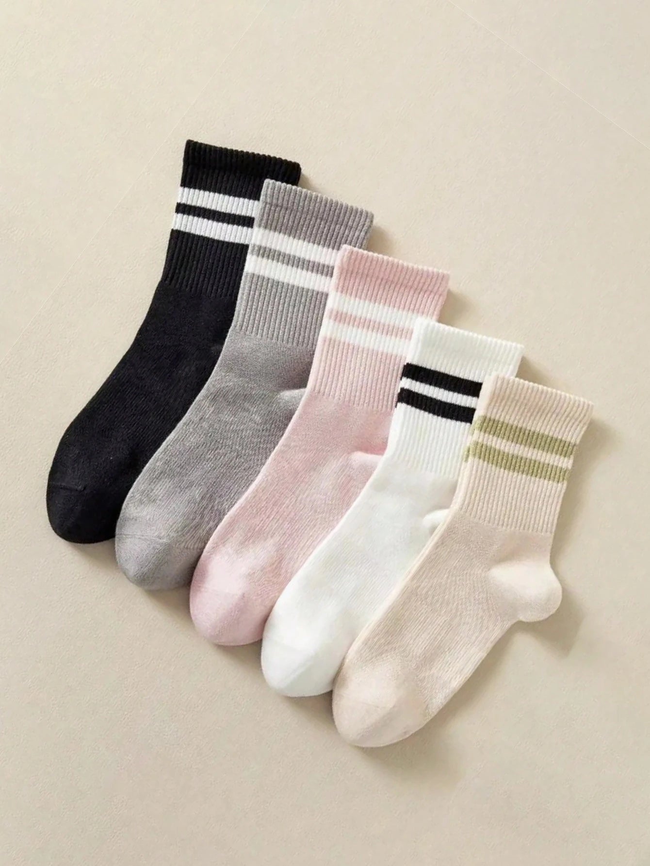 5 Pairs Women's Solid Color, Stripe, Line, Heart Print Fashion Socks, Soft Comfortable Breathable Casual Mid-Calf Socks For Everyday Wear