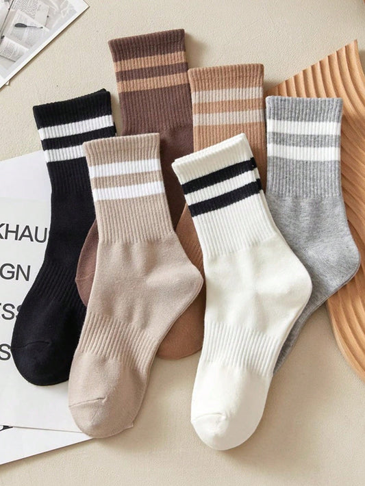 6 Pairs Women's Striped Breathable Casual Business Sports Running Cycling Versatile Fashionable Student Mid-Calf Socks