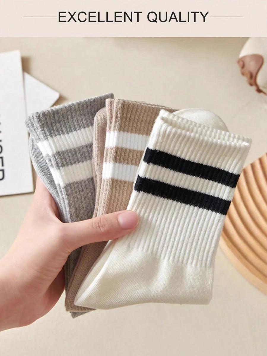 6 Pairs Women's Striped Breathable Casual Business Sports Running Cycling Versatile Fashionable Student Mid-Calf Socks