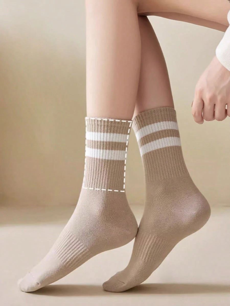 6 Pairs Women's Striped Breathable Casual Business Sports Running Cycling Versatile Fashionable Student Mid-Calf Socks