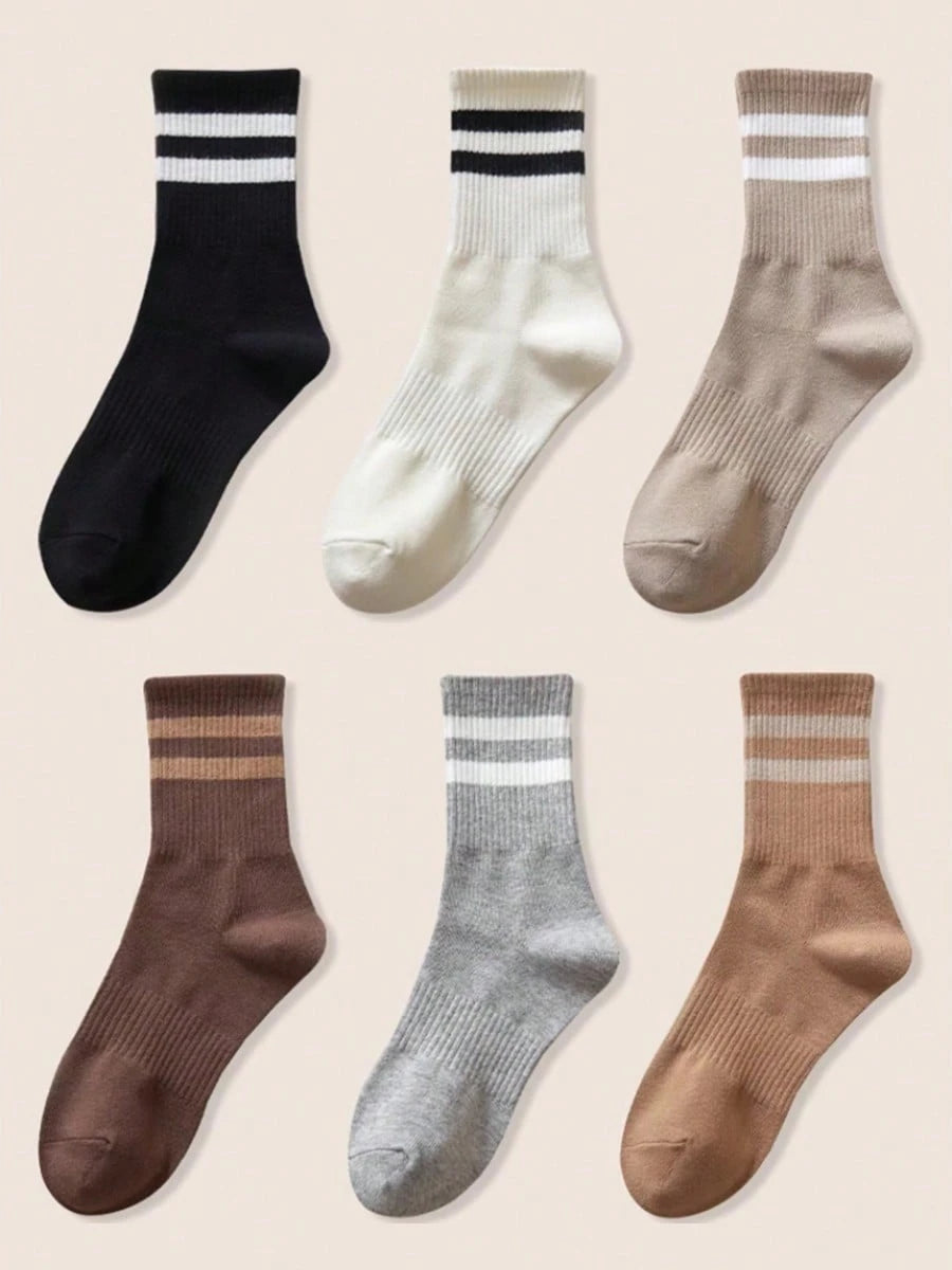 6 Pairs Women's Striped Breathable Casual Business Sports Running Cycling Versatile Fashionable Student Mid-Calf Socks