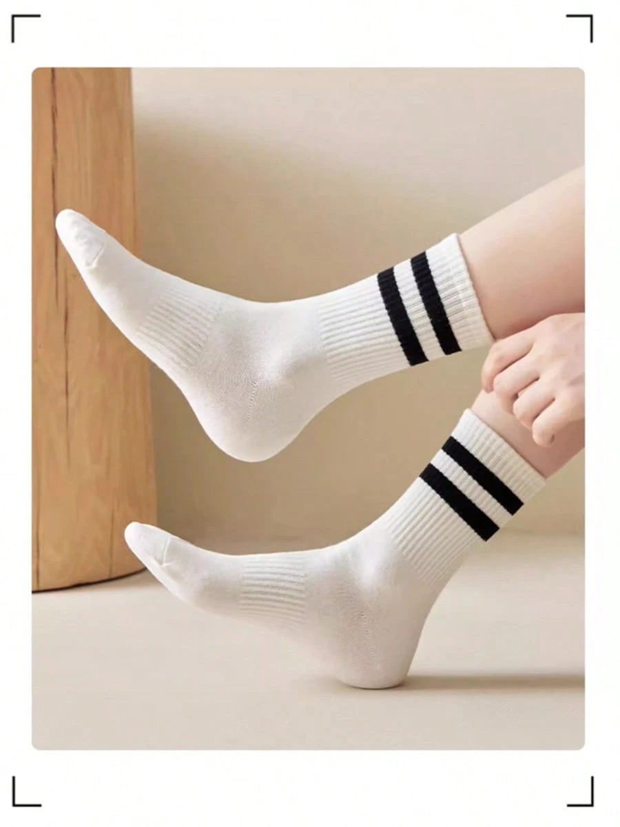 6 Pairs Women's Striped Breathable Casual Business Sports Running Cycling Versatile Fashionable Student Mid-Calf Socks