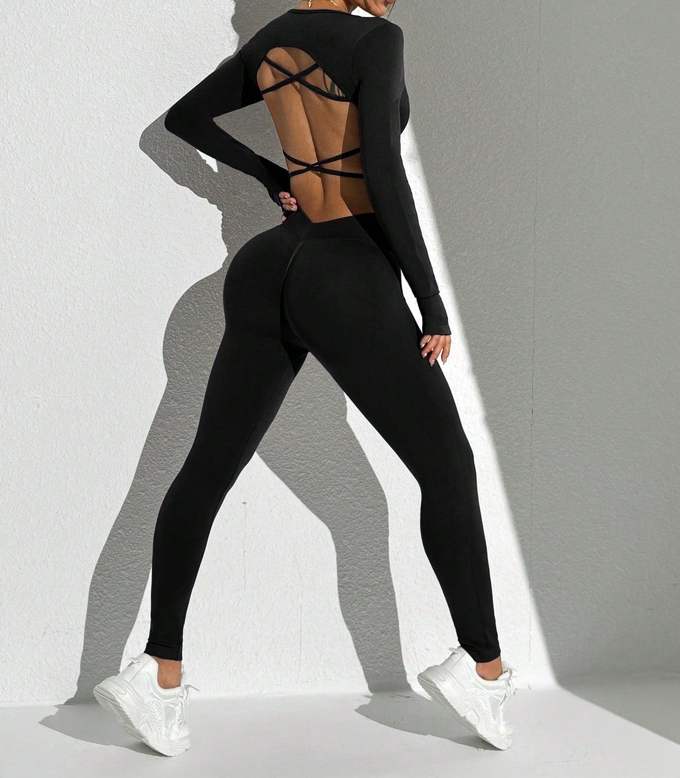 Seamless Solid Color Backless Long Sleeve And Pants Sports Set Workout Women Sets