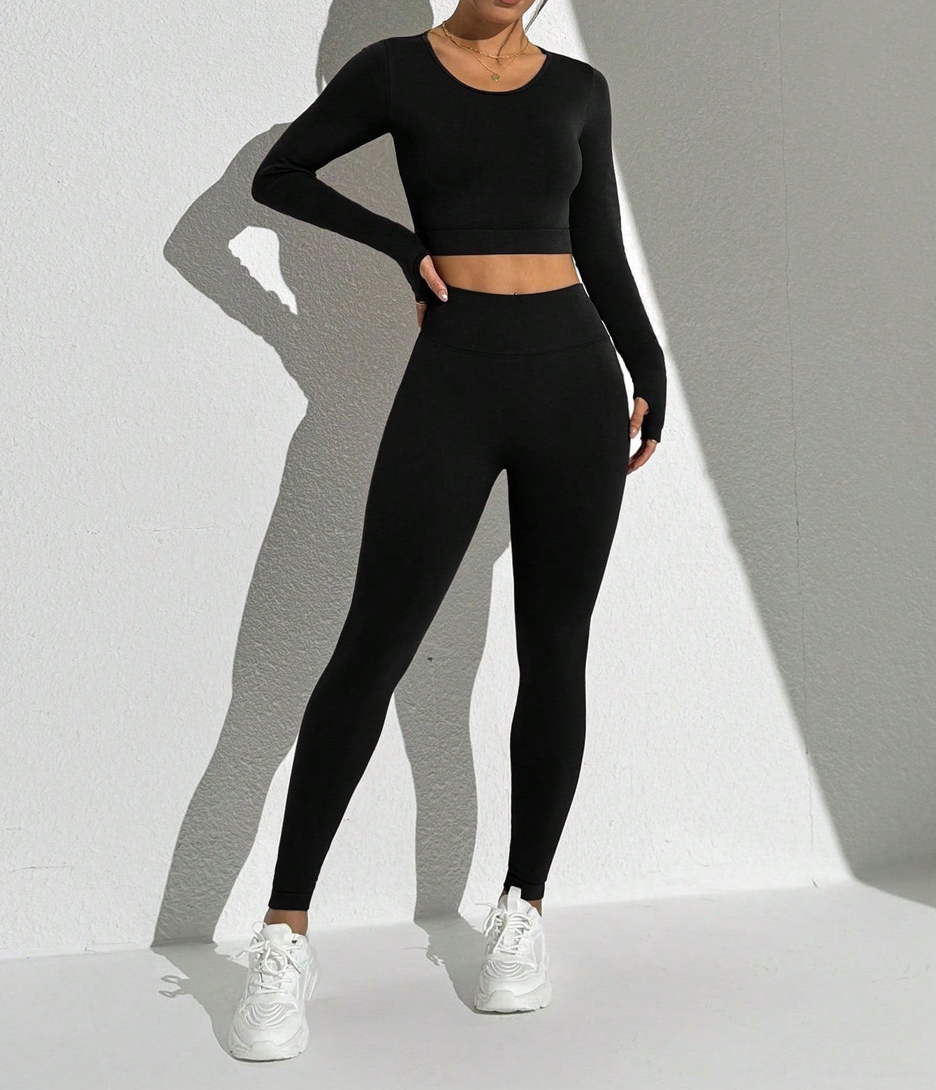 Seamless Solid Color Backless Long Sleeve And Pants Sports Set Workout Women Sets