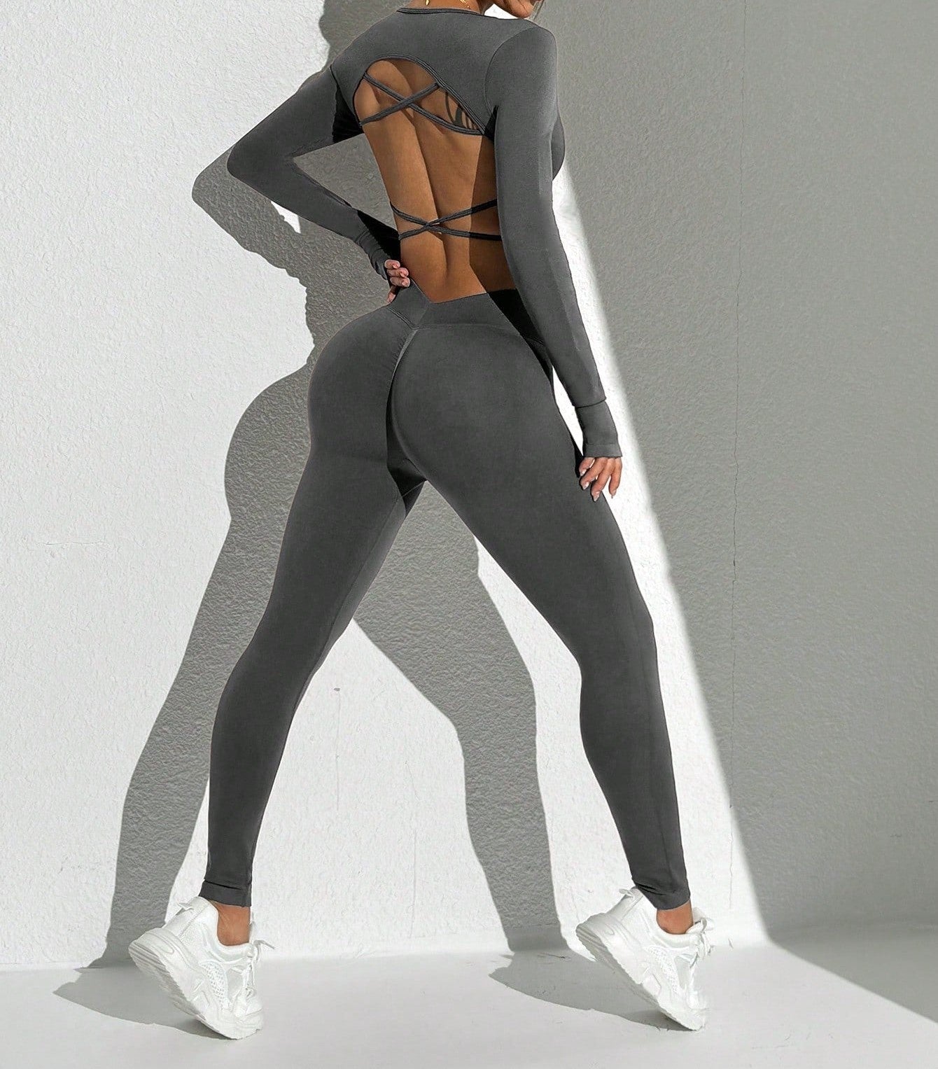 Seamless Solid Color Backless Long Sleeve And Pants Sports Set Workout Women Sets