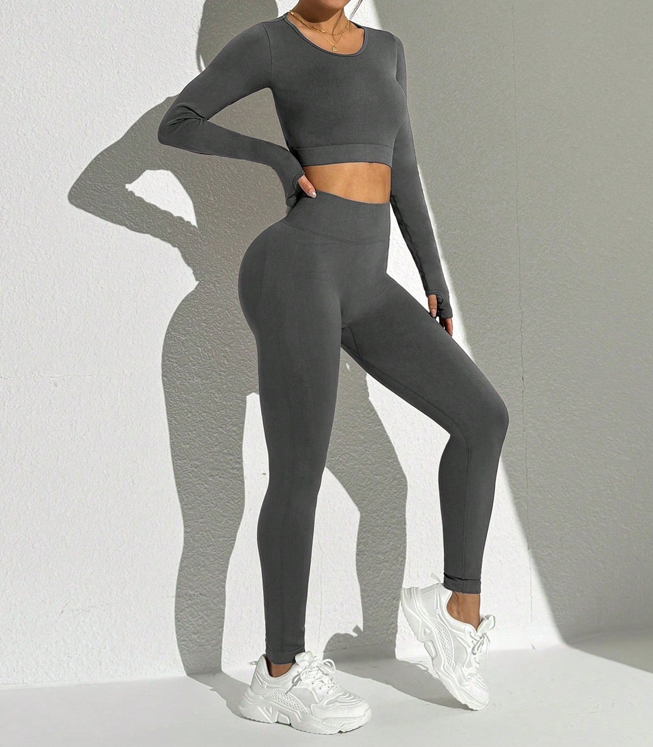 Seamless Solid Color Backless Long Sleeve And Pants Sports Set Workout Women Sets