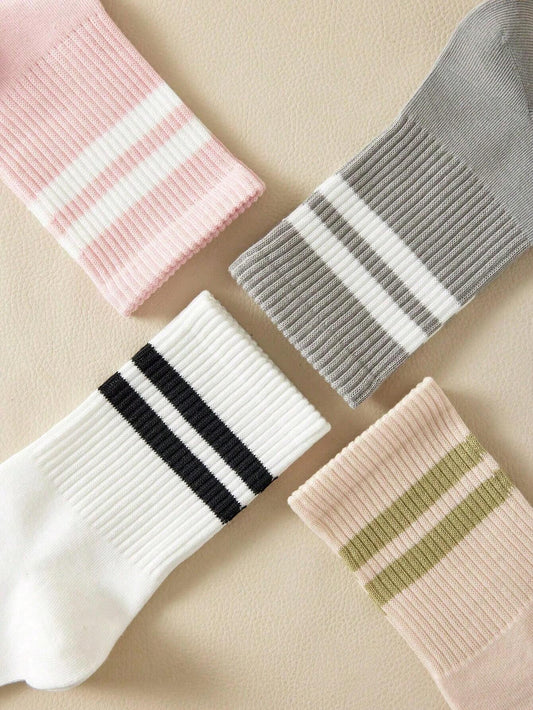 5 Pairs Women's Solid Color, Stripe, Line, Heart Print Fashion Socks, Soft Comfortable Breathable Casual Mid-Calf Socks For Everyday Wear