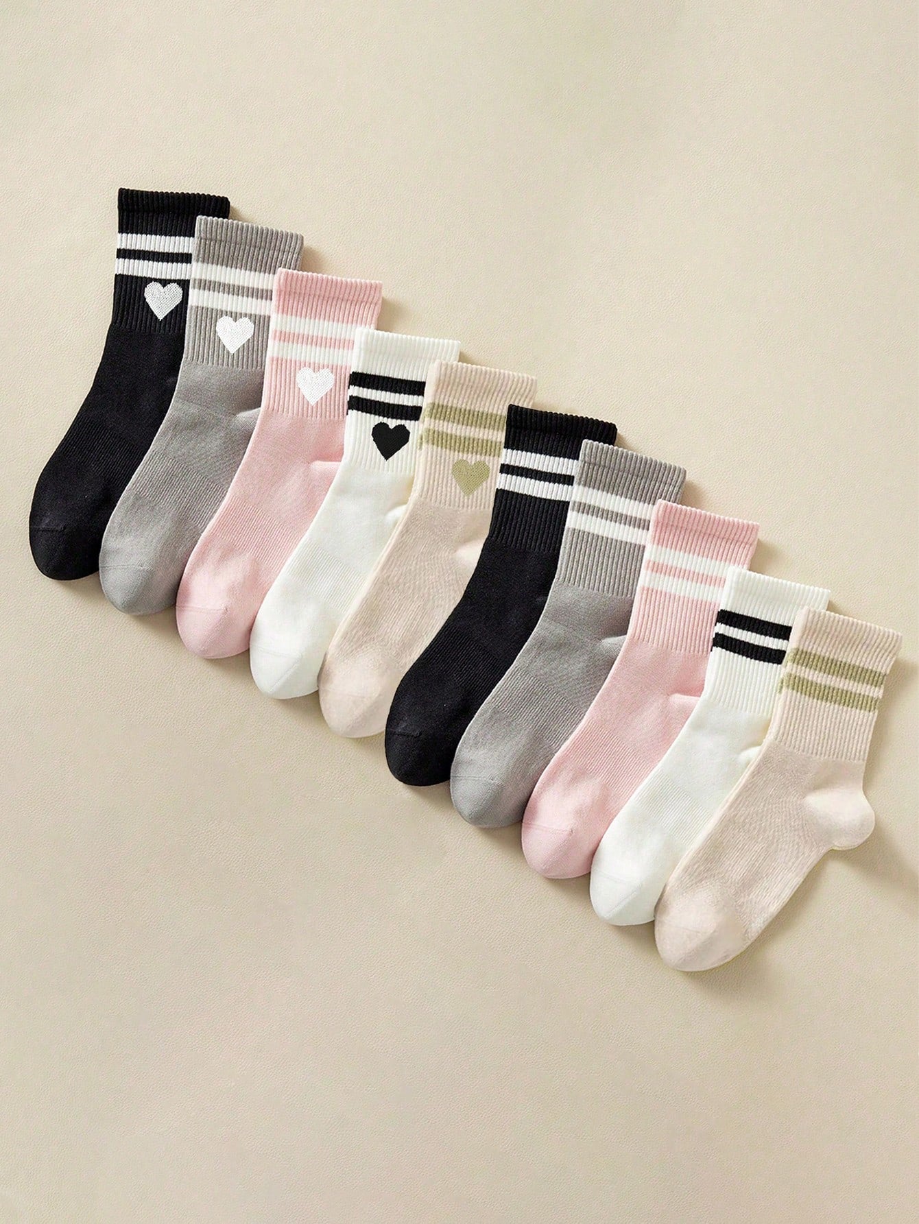 5 Pairs Women's Solid Color, Stripe, Line, Heart Print Fashion Socks, Soft Comfortable Breathable Casual Mid-Calf Socks For Everyday Wear