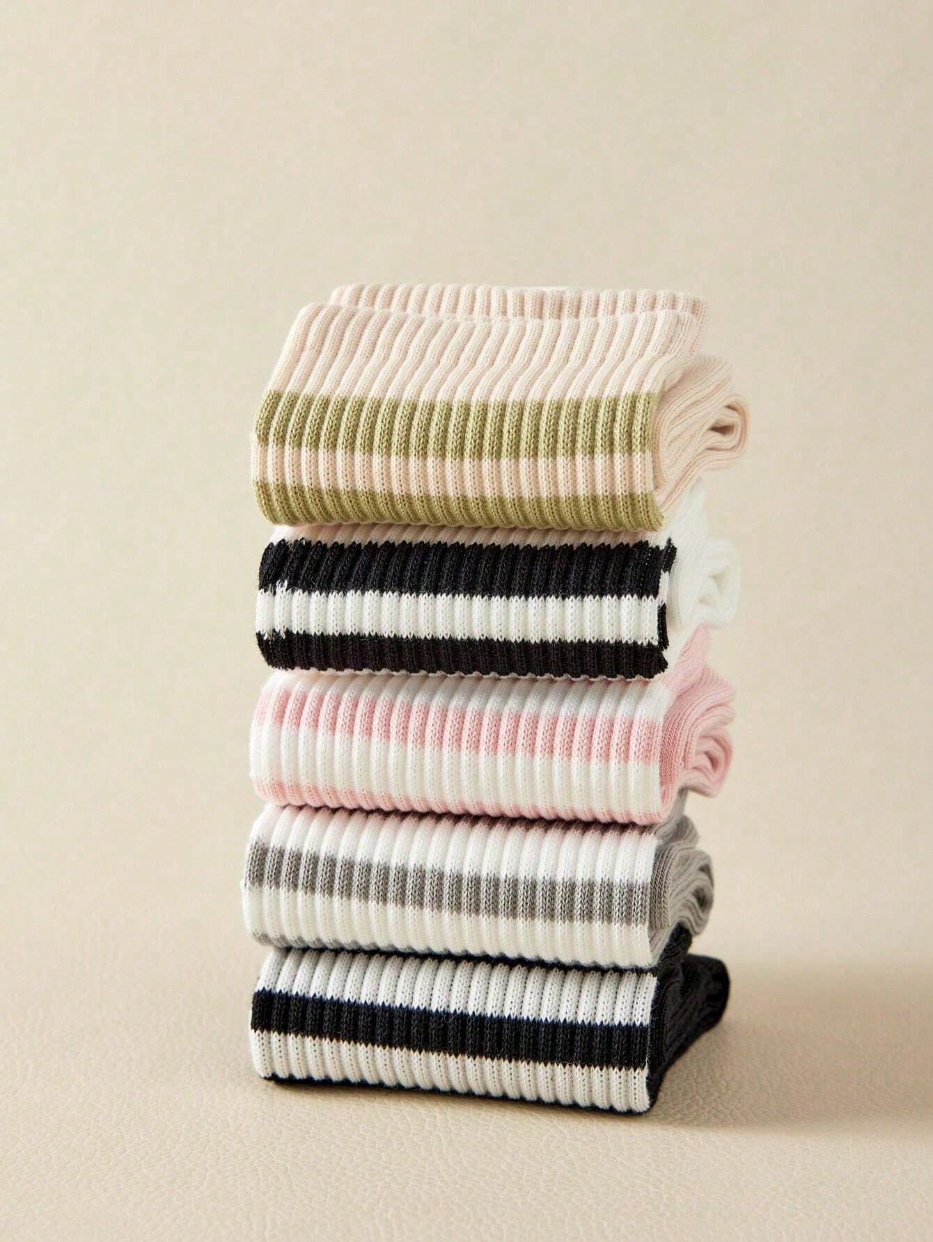 5 Pairs Women's Solid Color, Stripe, Line, Heart Print Fashion Socks, Soft Comfortable Breathable Casual Mid-Calf Socks For Everyday Wear